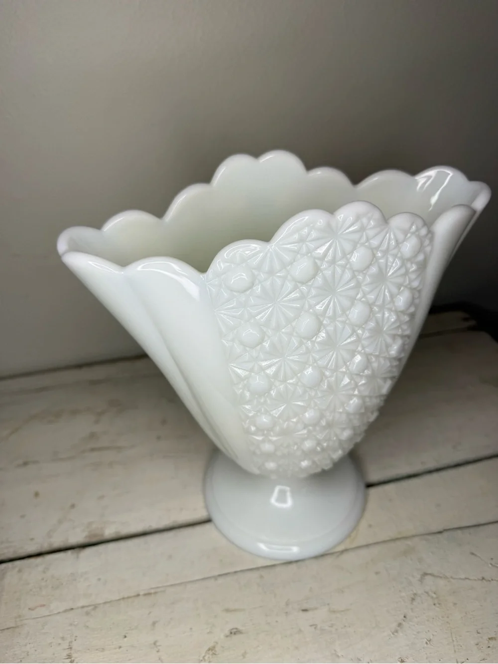 Vintage Fenton Daisy and Button Milk Glass Pedestal Vase Vintage Flared Vase